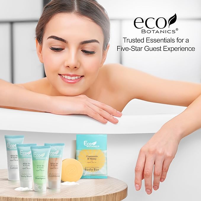 Terra Pure Eco Botanics Hotel Soaps & Toiletries Bulk Set | 0.85oz Hotel Shampoo & Conditioner, Body Wash, Body Lotion & Bar Soap Travel Size | 300 Pieces