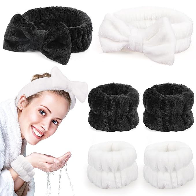Spa Headbands for Women with Wristband Set: Facial Makeup Headbands for Girls & Teens - Soft Coral Fleece Elastic Hair Wraps with Wrist Accessories for Washing Face Shower Bath Beauty Skincare Gifts