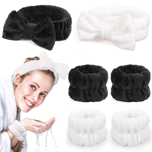 Spa Headbands for Women with Wristband Set: Facial Makeup Headbands for Girls & Teens - Soft Coral Fleece Elastic Hair Wraps with Wrist Accessories for Washing Face Shower Bath Beauty Skincare Gifts
