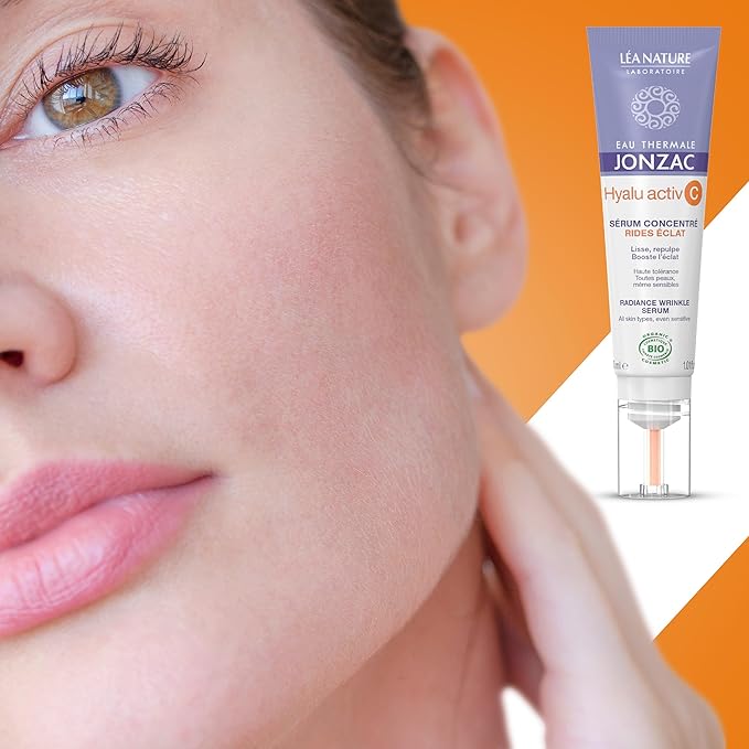 Eau Thermale Jonzac Organic Hyalu Activ C Serum for Face & Eyes - Optimized Vitamin C 5x More Stable With Hyaluronic Acid - Anti-Wrinkle - Brighter & Plumped Skin - 1.01 Fl Oz