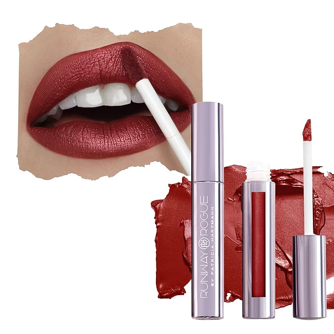 Runway Rogue Pearl Glam Long Wear Shimmer Liquid Lipstick, Metallic Warm Brick-Red Lipstick with Silver and Gold Shimmer, ‘Showtime’