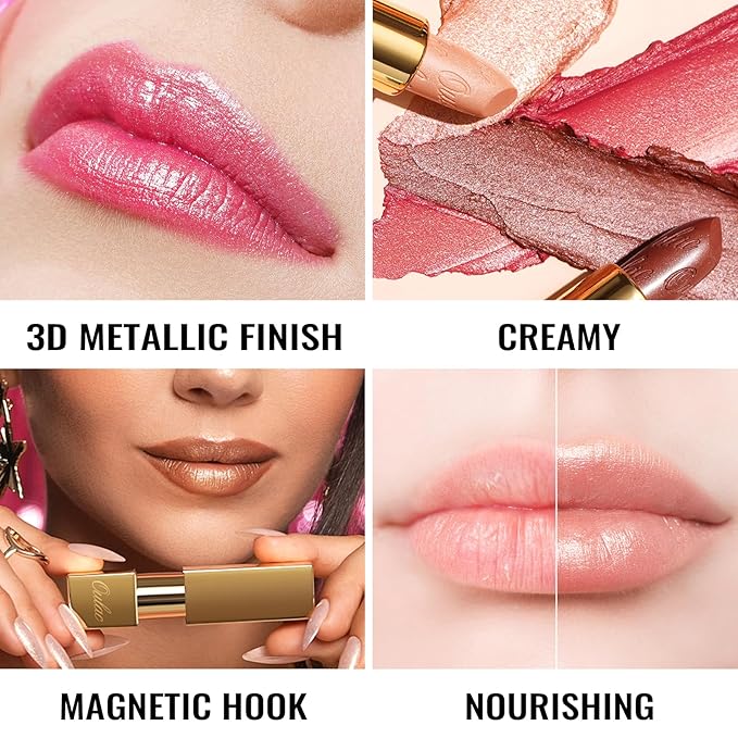 Oulac Metallic Orange Lipstick Set 3PCS, Comfortable Creamy Texture, Smooth No Grainy Feeling, Vegan & Gluten Free, Full-Coverage Lip Makeup, 3 X 4.3 g, 605+02+05