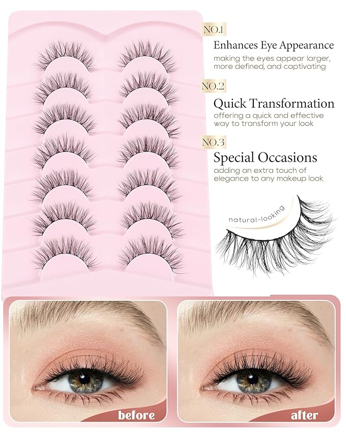 Onlyall Wispy Lashes - Natural Flared False Eye Lashes, Soft Fluffy 7 Pairs D-K38