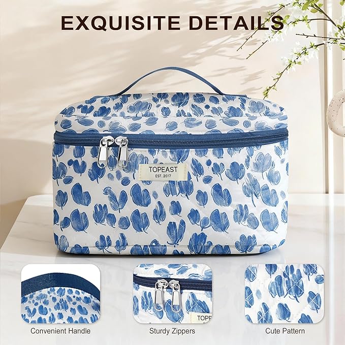 TOPEAST Makeup Bag for Women Girl, 3Pcs Large Cotton Travel Make up Bags with Zipper, Cute Quilted Floral Cosmetic Organizer Potable Brushes Toiletry Bag Set, Blue Floral