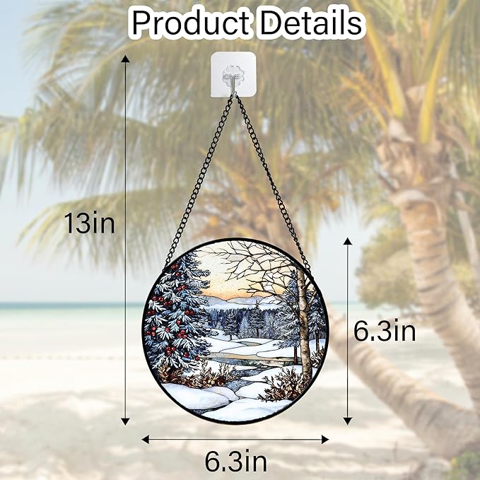 Stained Glass Window Hanging, Winter Snow Landscape Suncatcher Diamond Glass Panel Sun Catchers Decor for Birthday for Women, Men, Wife, Aunt, and Mom 6.3x6.3 in