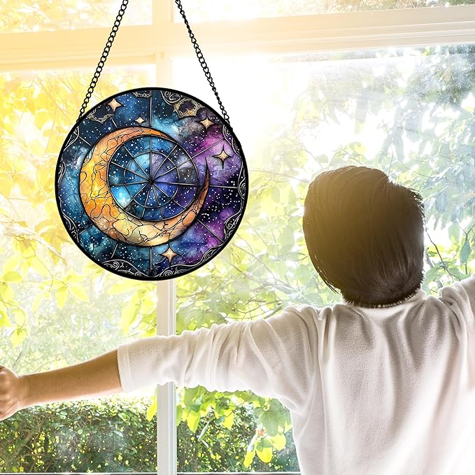 Stained Glass Window Hanging, Blue Starry Sky Moon Astrolabe Suncatcher for Doors Home Sun Catchers Decoration and Christmas, Mother's Day Birthday Gifts for Women, Men, and Mom 6.3 in