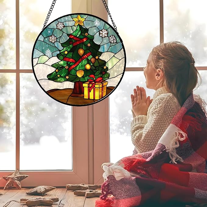 Stained Glass Window Hanging Green Christmas Tree Snowflake Large 15" - Suncatcher Door Garden Sun Catcher Xmas Holiday Decor Birthday for Mom Men Woman Friend Nana