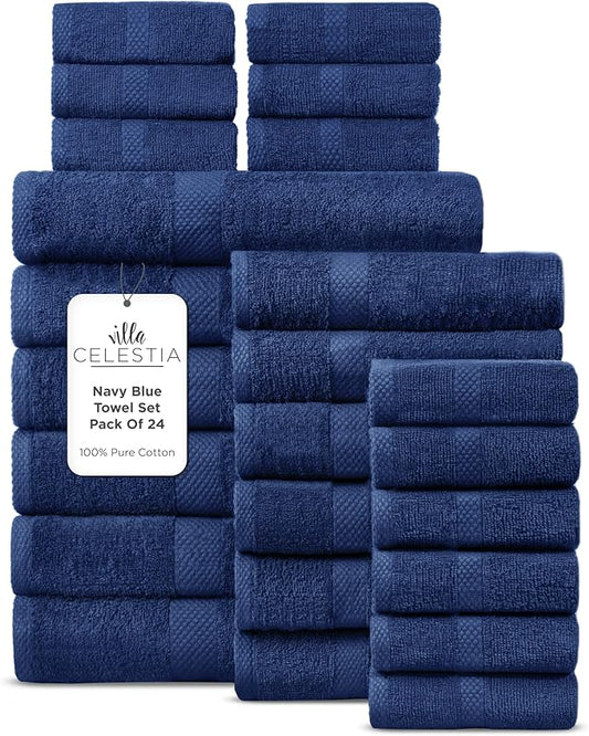 100% Cotton Bath Towel Set of 24-6 Bath Towels, 6 Hand Towels, 12 Wash Cloths, Sustainable, Soft, Highly Absorbent, Combed Cotton 24 Piece Set for Hotels, Spa, Bathroom, Dorm, Navy Blue