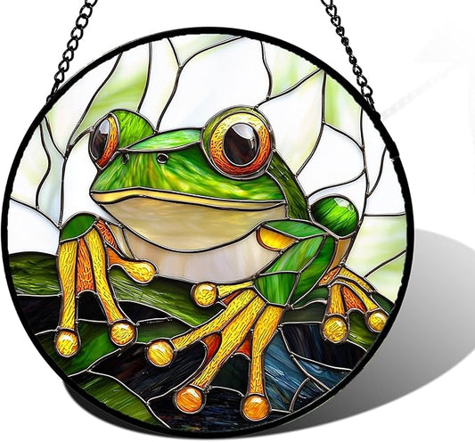Stained Glass Window Hanging, Green Frog White Petals Sun Catchers Colorful Glass Panel Cute Suncatcher Decor for Birthday for Women, Men, Wife, Aunt, and Mom 6.3 in