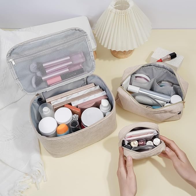 MAGEFY Small Makeup Bag for Purse Mini Cosmetics Bag Corduroy Cute Cosmetic Pouch for Women with Slip-in Pockets