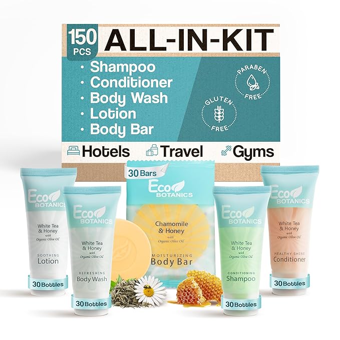 Eco Botanics Hotel Soaps & Toiletries Bulk Set | 1-Shoppe Amenities Kit | 0.85oz Shampoo & Conditioner, Body Wash, Lotion, 0.89oz Bar Soap | Travel Size | 150 Pieces