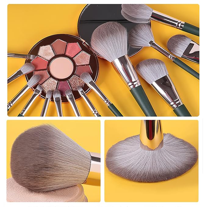 Makeup Brushes With Bag 14PCs Professional Makeup Brush Set，Premium Synthetic Foundation Concealer Powder Blush Eyeshadow Eyebrow Blending Travel Make Up Brushes (Green)