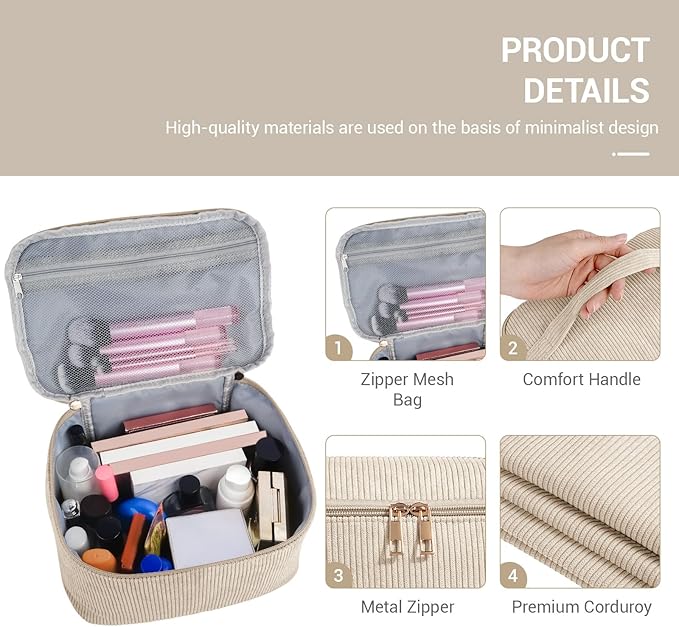 MAGEFY Small Makeup Bag for Purse Mini Cosmetics Bag Corduroy Cute Cosmetic Pouch for Women with Slip-in Pockets