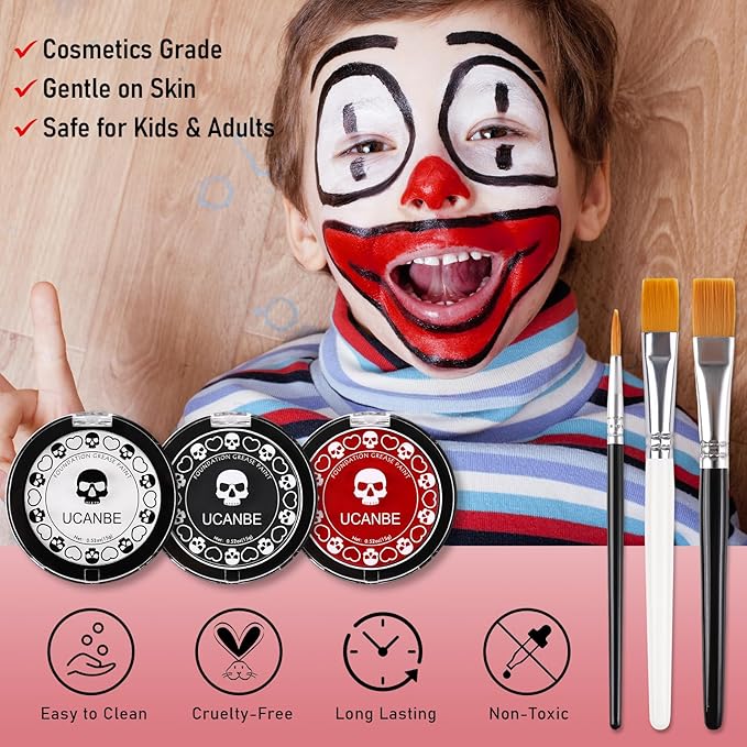 Goth White Foundation + Black Red Face Body Paint for Halloween Makeup, Face Painting Kit with Brushes Facepaint Set for Kids Adults Clown Vampire Skull SFX Make Up Costume Cosplay Party Theater Stage