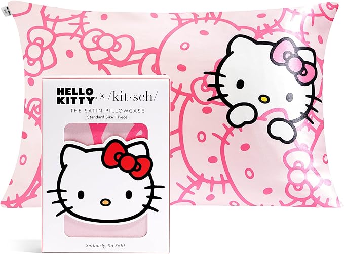 Kitsch x Hello Kitty (Pink Kitty Faces) - Satin Pillowcase with Zipper for Hair and Skin, Softer Than Silk Pillow Case, Cooling Pillow Cover, Machine Washable, Queen/Standard (19x26)