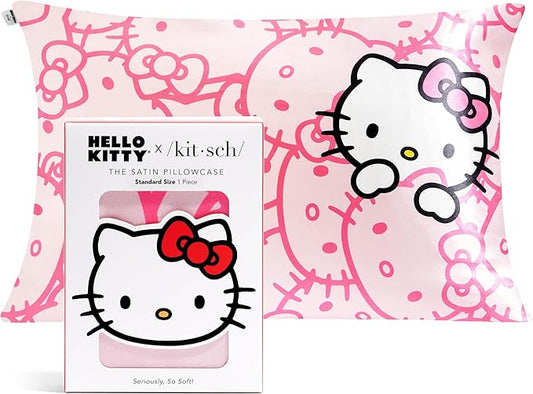 Kitsch x Hello Kitty (Pink Kitty Faces) - Satin Pillowcase with Zipper for Hair and Skin, Softer Than Silk Pillow Case, Cooling Pillow Cover, Machine Washable, Queen/Standard (19x26)