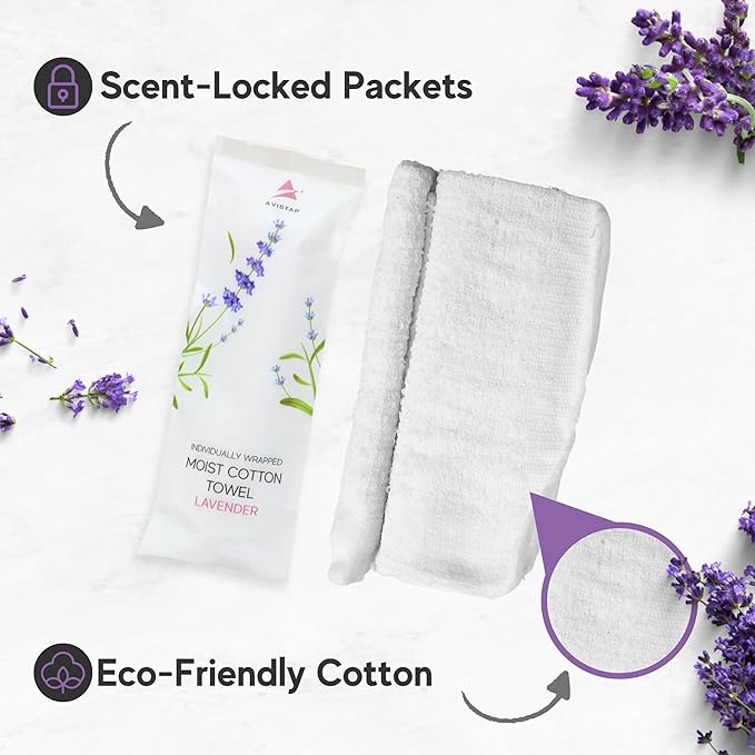 30 Hot or Cold Wrapped Moist Towels – 9'' x 9" Moist Towelettes Individually Wrapped Scented Disposable Face & Hand – Pre-Moistened Hand Wipes Soft Refreshing for Travel, Spa, Restaurant - Lavender