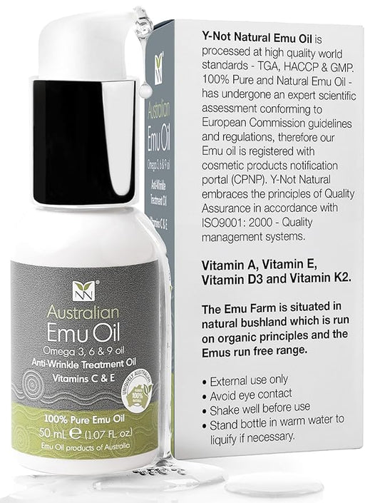 Australian Emu Oil with Vitamin E & C - 50mL Skin Brightener Serum for Face & Body to Reduce Visible Signs of Aging, Spots & Sun Damage - Antioxidant w/Omega 3 6 9 & Essential Oils by Y-Not Natural