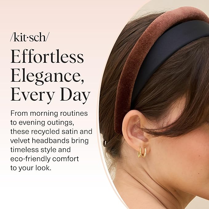 Kitsch Velvet & Satin Headbands for Women - Non Slip, Soft and Lightweight - Stylish Headbands for Girls with Chic Neutral Shades | Ideal Gifts for Women - Black & Chocolate, 2pc Set