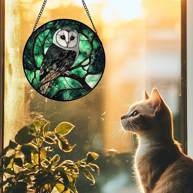 Stained Glass Window Hanging 4 Pcs Set Green Forest Night Sky Wildlife 9.8" - Suncatcher Door Garden Sun Catcher Decor Birthday for Mom Woman Nana Men Friend