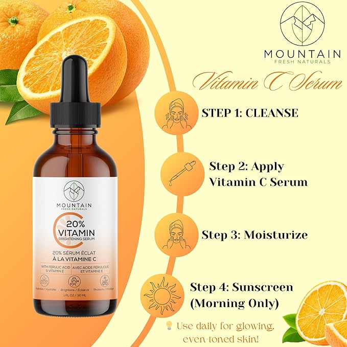 Vitamin C Serum – 20% 3-0-Ethyl Ascorbic Acid, Ferulic Acid & Vitamin E – Brightening, Hydrating, Anti-Aging Serum for Dark Spots, Uneven Skin Tone & Wrinkles – 30mL / 1 fl oz