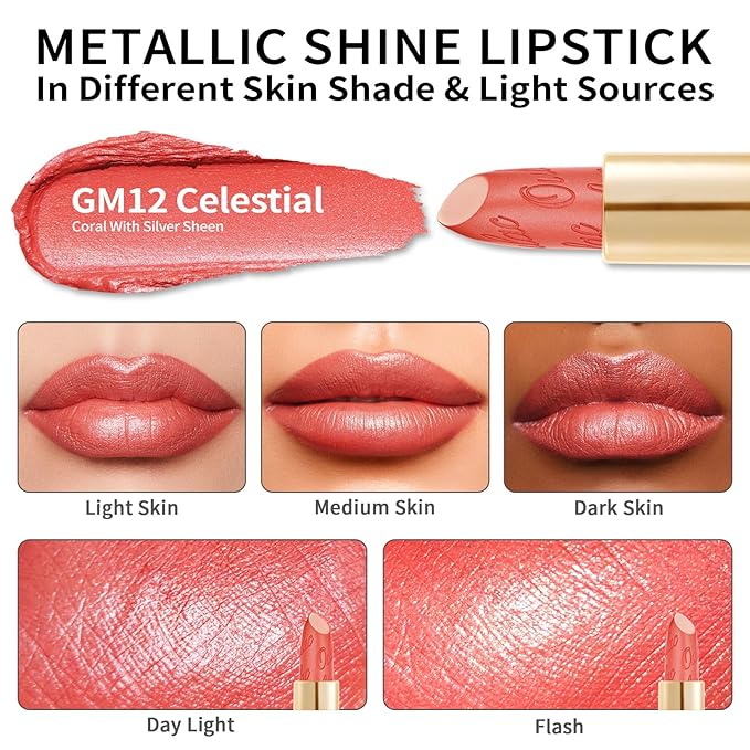 Oulac Coral Matte Lipstick with Glow Metallic Finish - Vegan Lipstick for Women, Creamy Texture, Hydrating Clean Beauty Formula, High-End Magnetic Hook Design, GM12 Celestial