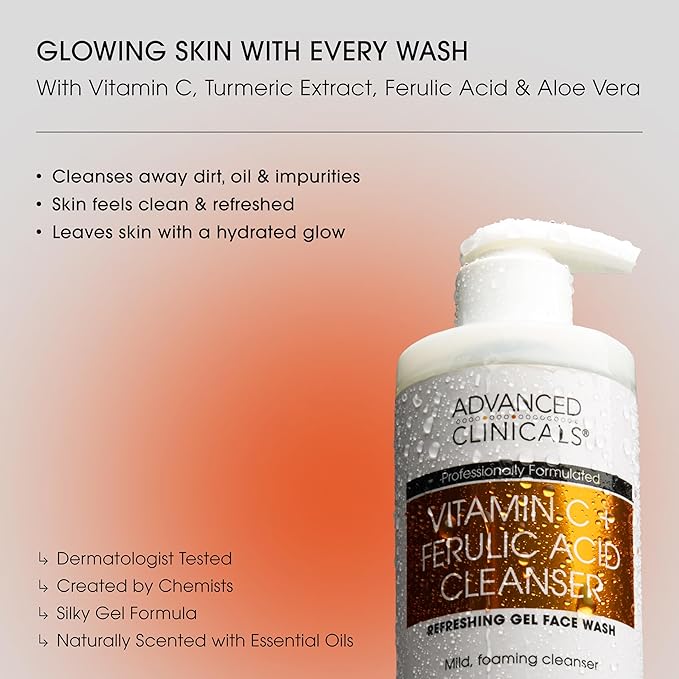 Advanced Clinicals Gentle Vitamin C Face Wash For Women & Men | Citrus Scented Gel Facial Cleanser Soap | Aloe Vera + Ferulic Acid Hydrating Foaming Wash For Cleansing Dirt & Oil, 11.75 Fl Oz, 2PC