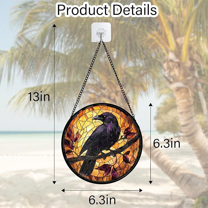 Stained Glass Window Hanging - Crow on a Branch Suncatcher Ready to Hang Window Doors Home Decoration and Christmas, Mother's Day Birthday Gifts for Women, Men, and Mom 6.3x6.3 in