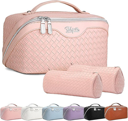 BOYATU Travel Makeup Bags for Women: Large Cosmetic Bag Waterproof - Vegan Leather Make up Bag Set of 3 - Compact Toiletry Organizer with Compartments & Handle & Divider (L02 Light Pink)