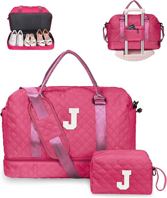 Travel Essentials for Women, Girl Birthday Gift-Initial Travel Bag with Shoe Compartment, Weekender Bag, Monogram Overnight Bag for Women, Letter Travel Bag with Makeup Bag (Letter J)