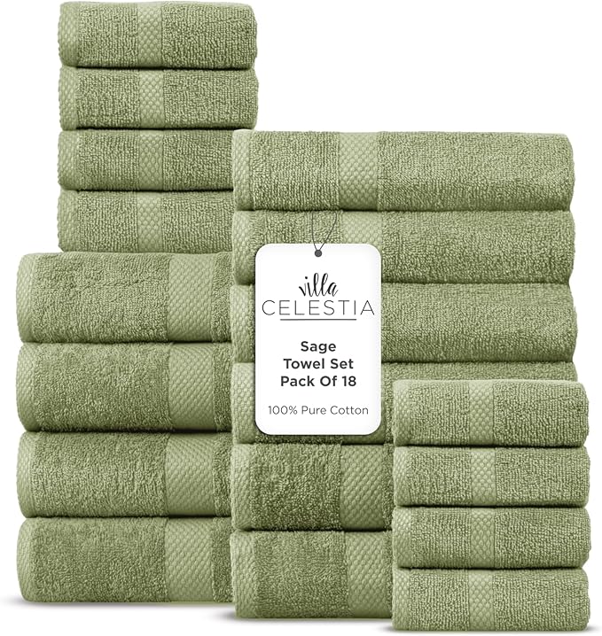 100% Cotton Bath Towel Set of 18-4 Bath Towels, 6 Hand Towels, 8 Wash Cloths, Sustainable, Soft, Highly Absorbent, Combed Cotton 18 Piece Set for Hotels, Spa, Bathroom, Dorm, Sage