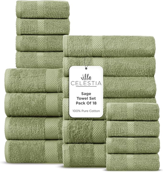 100% Cotton Bath Towel Set of 18-4 Bath Towels, 6 Hand Towels, 8 Wash Cloths, Sustainable, Soft, Highly Absorbent, Combed Cotton 18 Piece Set for Hotels, Spa, Bathroom, Dorm, Sage
