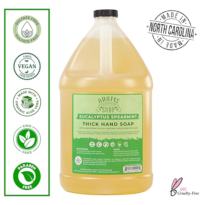 Adams Handmade Soap Liquid Organic Castile Thick Hand Soap 1 Gallon - Eucalyptus Spearmint (Pack of 4)