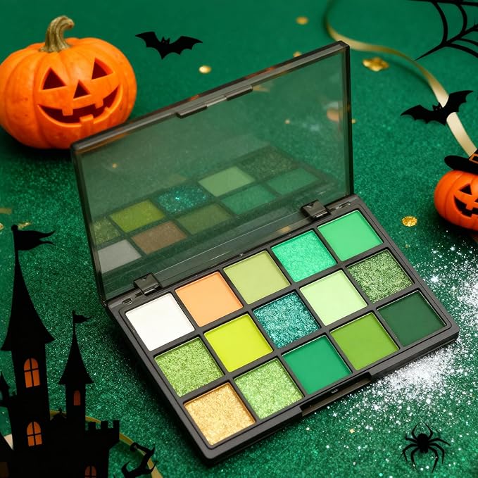 Erinde Green Eyeshadow Palette, 15 Colors Forest Emerald Lime Eye Shadow Palette, Matte Shimmer Metallic Glitter, Highly Pigmented Blendable Smokey Makeup Kit for Cosplay, Halloween & Parties