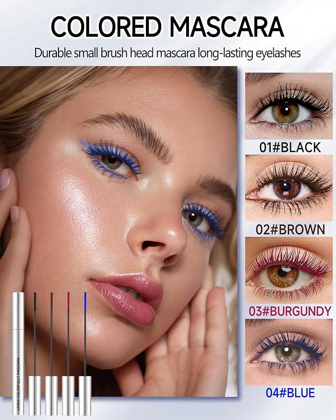 Colored Mascara Set, Black Brown Burgundy Blue Waterproof Liquid Curling Colorful Mascara for Eyelashes, Lengthening Long Lasting Lashes Volume and Length,Christmas Cosplay Party Makeup Gift for Women