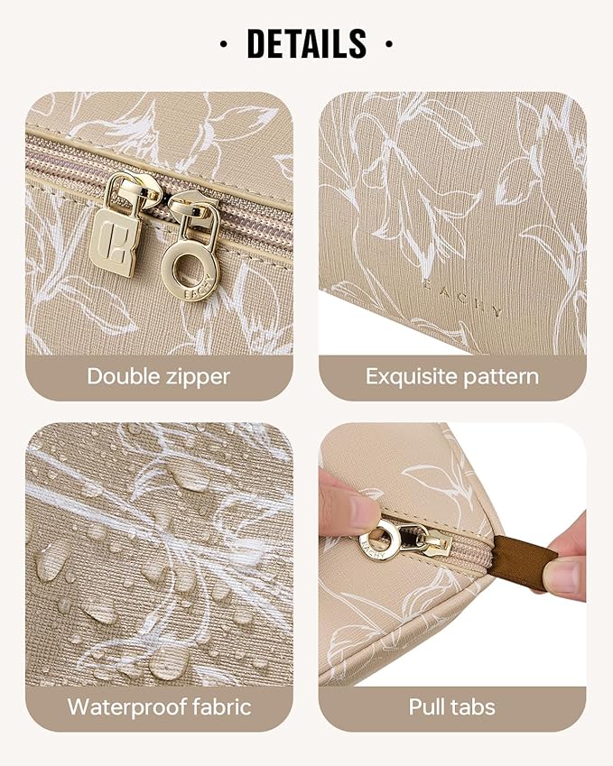 EACHY Travel Makeup Bag, Large Capacity Cosmetic Bags for Women, Waterproof Portable Pouch Open Flat Toiletry Bag Pattern Makeup Bag (F-Brown)