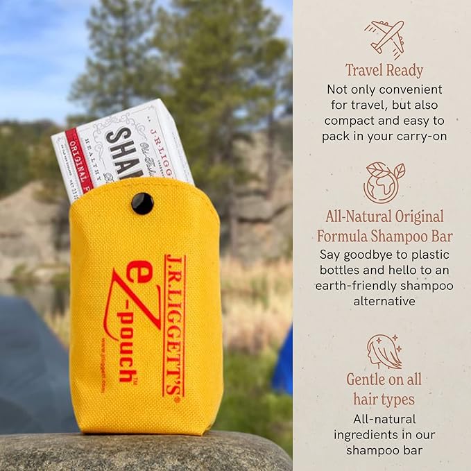 J.R.LIGGETT’S All-Natural Original Formula Shampoo Bar .65oz and Mini Travel EZ Pouch Pack, Supports Strong and Healthy Hair-Nourish Follicle with Antioxidants and Vitamins,Detergent and Sulfate-Free