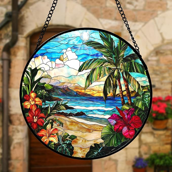 Stained Glass Window Hanging, Blue Beach Scenery Suncatcher Diamond Glass Panel Hangings Sun Catchers Decor for Birthday for Women, Men, Wife, Aunt, and Mom 6.3 in