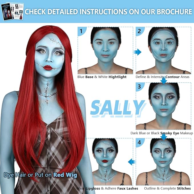 Halloween Sally Makeup & Corpse Bride Makeup Kit, Sally Costume Corpse Bride Make Up SFX Set with Light Blue Face Paint, Black Eyeliner, Lipstick & Faux Eyelash for Sally Face Cosplay & Dress-Up Party