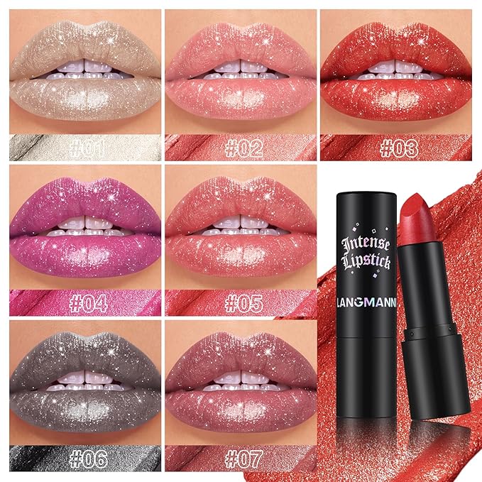 Jolilab Sparkling 7 Pcs Set Lipstick Lip Gloss Long Lasting Waterproof Moisturizer Lip Balm Glitter Shimmer Metallic Lipstick, Diamond Shiny Bold Glow Goth Lipstick for Women Girls, Non-sticky