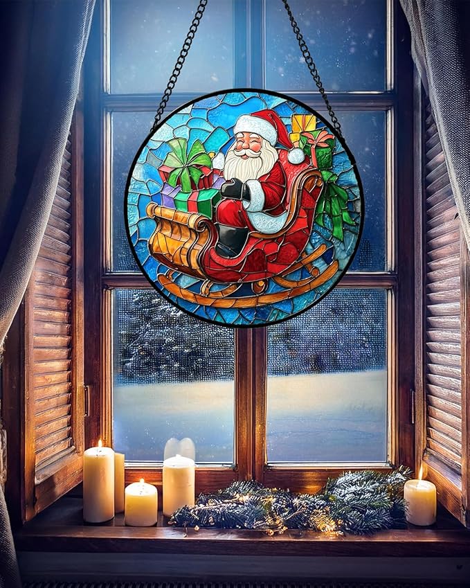 Stained Glass Window Hanging - Red Santa Claus Gift Box Suncatcher for Doors Home Christmas Decoration Winter Sun Catcher Thanksgiving New Year Birthday Gift for Women Men Mom Nana 11.8 in