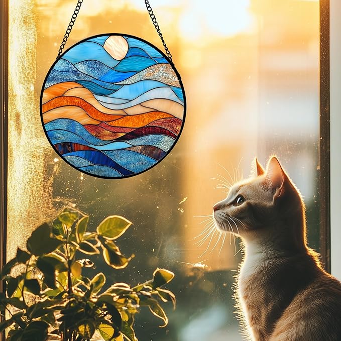 Stained Glass Window Hanging 4 Pcs Set Blue Orange Ocean Beach Theme 7.8" - Suncatcher Door Garden Sun Catcher Decor Birthday Christmas for Mom Woman Nana Men Wife