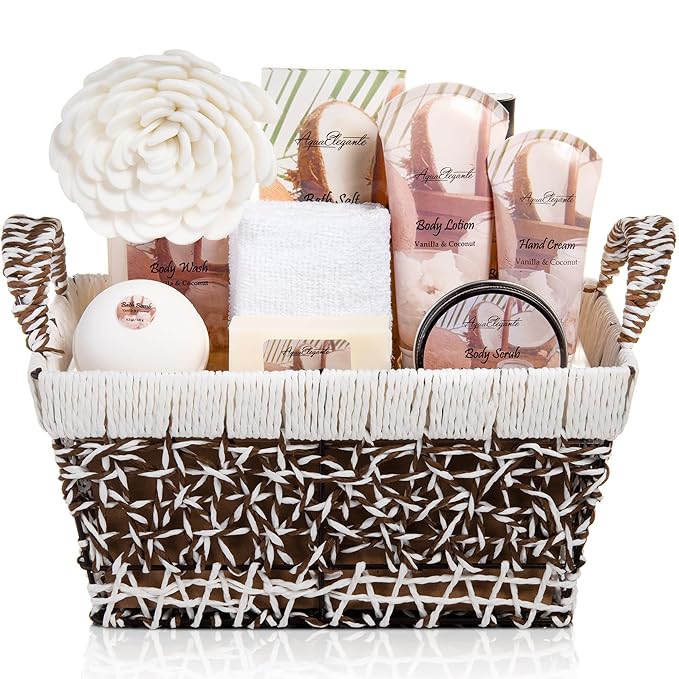 Spa Baskets For Women - Luxury Bath Set With Coconut & Vanilla - Spa Kit Includes Wash, Bubble Bath, Lotion, Bath Salts, Body Scrub, Hand Cream, Shower Puff, Bathbombs, Soap and Towel