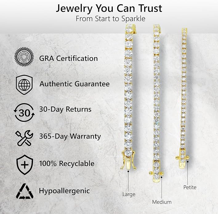 KRKC&CO Lab-Grown Moissanite Tennis Bracelet Women, Luxury Anniversary Wedding Bridal Gift for Wife, 2.2-13.8 ct.tw, D Color VVS1, 925 Sterling Silver 14K Golden Plated, Hypoallergenic, Everyday Jewelry