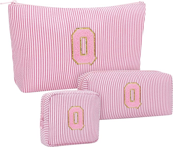 MONSTINA Preppy Chenille Makeup Bag|Personalized Initial Bags with Zipper,Cute Makeup Pouch Stripe Cosmetic Bag,Birthday Gift for Daughter|Preppy Things for Girls,3PCS Pink Q