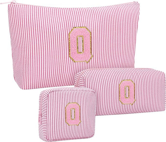 MONSTINA Preppy Chenille Makeup Bag|Personalized Initial Bags with Zipper,Cute Makeup Pouch Stripe Cosmetic Bag,Birthday Gift for Daughter|Preppy Things for Girls,3PCS Pink Q