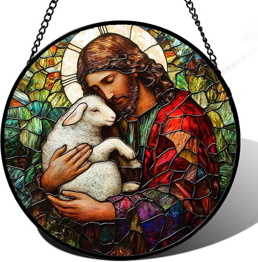 Stained Glass Window Hanging, Jesus Little Lamb Sun Catchers Colorful Glass Panel Christianity Suncatcher Decor for Birthday for Women, Men, Wife, Aunt, and Mom 14.9x14.9 in