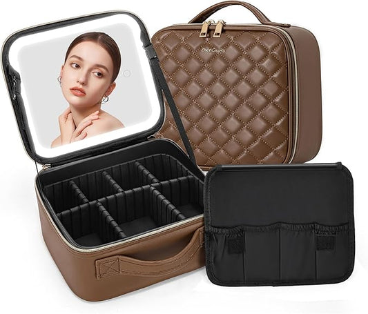 Travel Makeup Bag with LED Mirror – Waterproof Cosmetic Train Case with Adjustable Dividers, Portable Makeup Organizer and Toiletry Bag for Women, Pink Teens & Girls Gift