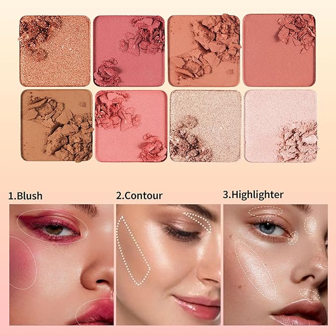 Blush Palette, 16 Colors Highlighter Blush Powder Makeup, Long-Wearing, Smudge Proof, Natural-Looking, Blendable Cruelty-Free Matte Finish, Cream Contour Palette and Blush Palette Face Makeup