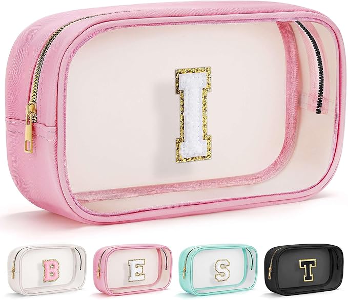 YOOLIFE Initial Make Up Bag Travel Toiletry Bag, Clear Makeup Bag Preppy Cosmetic Bags Organizer Travel Essentials Pink Gifts for Women Teen Girlfriend Teacher Mom Birthday Mothers Day Gifts I